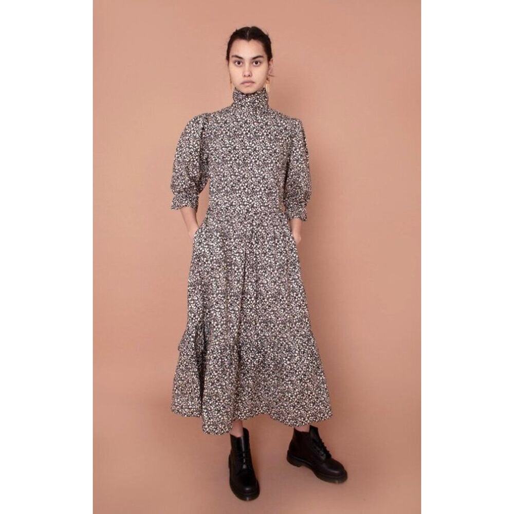 MEADOWS Sz 6 UK 2 US Black White Floral Clematis Dress High Neck Fall 3/4 Sleeve - Picture 13 of 15